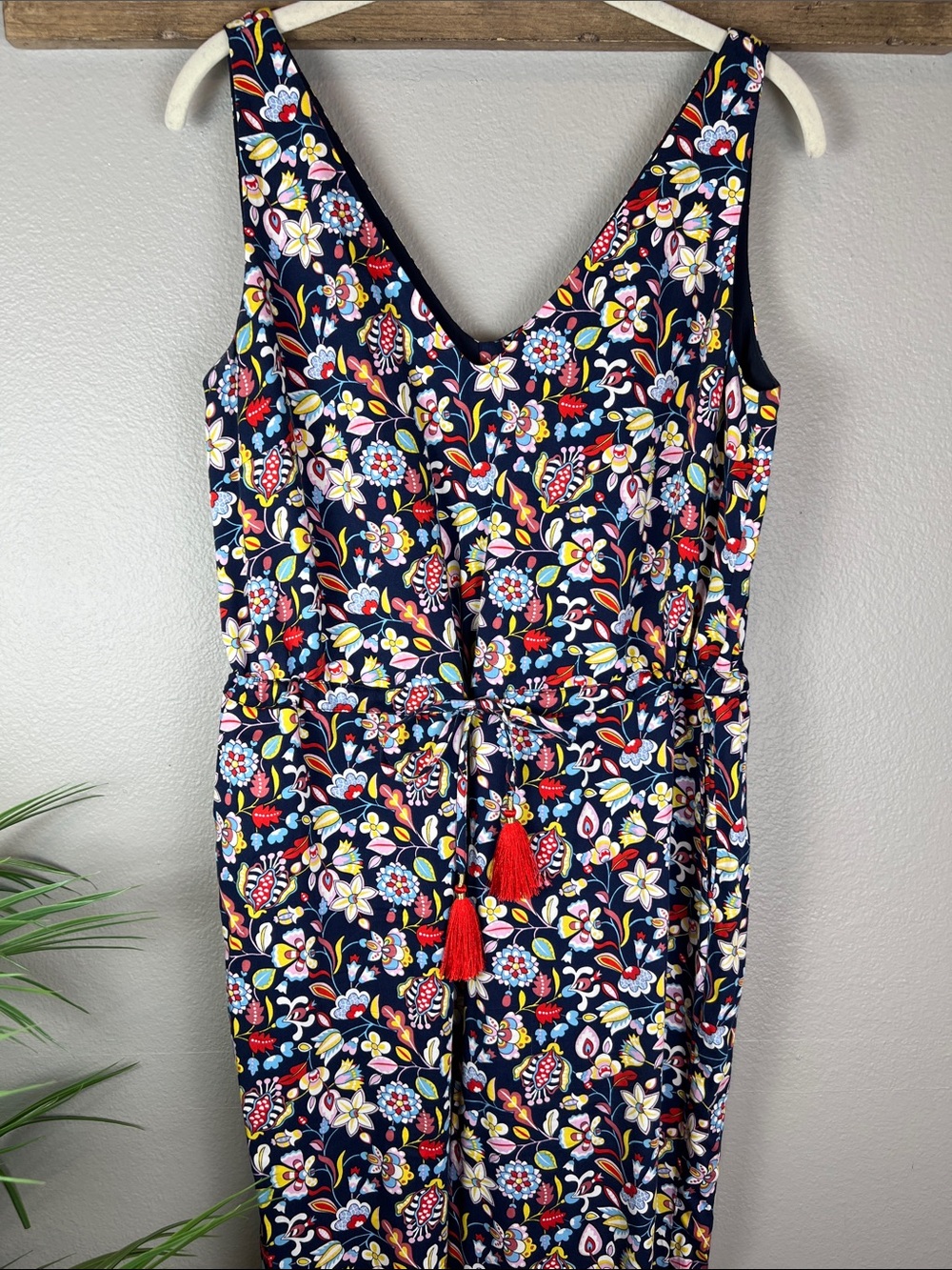 Boden Cecelia Navy Blue Floral Jumper Romper with Red Tassels 6 - Picture 3 of 15